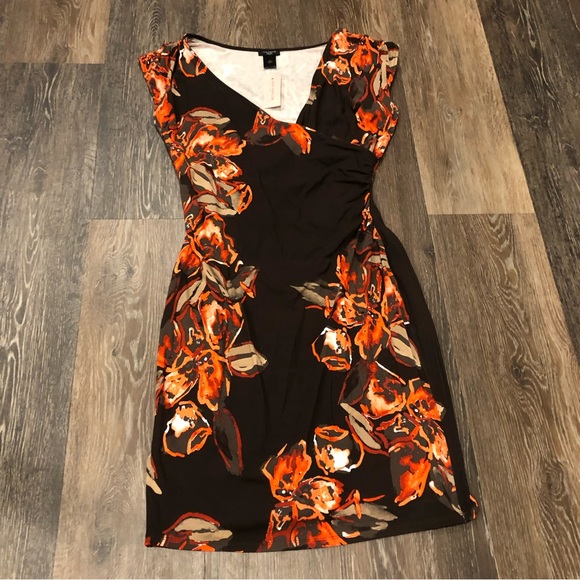 NWT Ann Taylor Brown Orange Floral Faux Wrap Neckline Sleeveless MIDI Dress - Picture 12 of 13